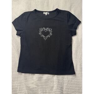 Riley & James Black Baby Tee XL Cropped Rhinestone Heart Flames Embellished Y2K